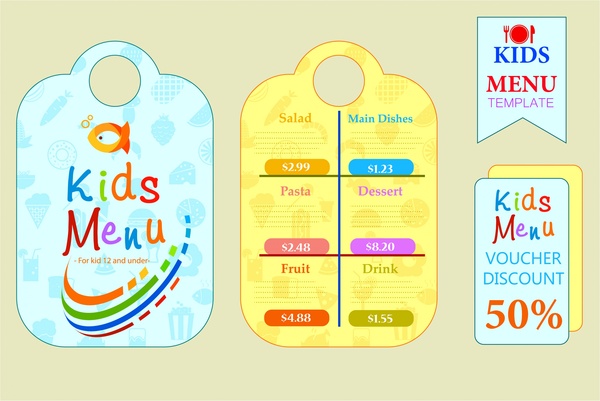 menu anak-anak set desain dengan warna-warni gaya lucu