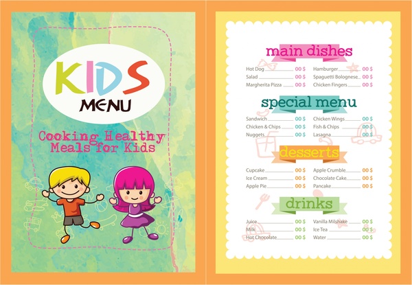 anak-anak menu vektor ilustrasi dengan warna-warni cute desain