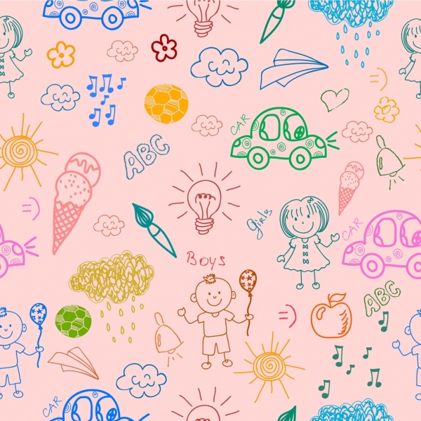 fundo de símbolos liso colorido projeto mão desenhada de crianças