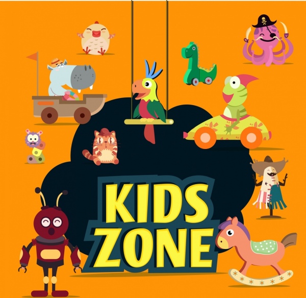 kids zone elementos de design brinquedos coloridos ícones