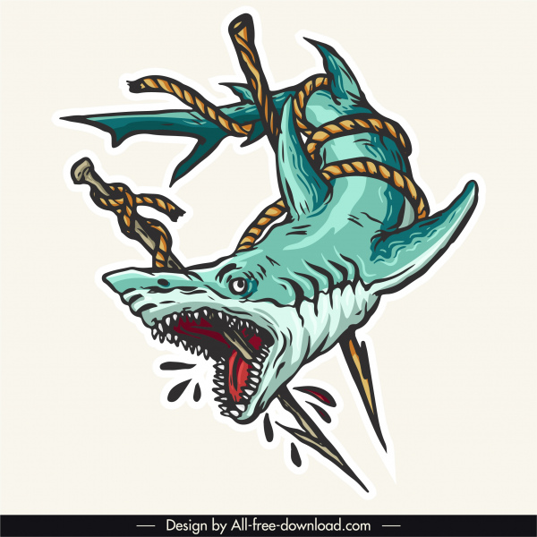 öldürülen köpekbalığı dövme şablonu renkli kanlı korkunç eskiz