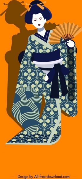 ชุดกิโมโนสาวคลาสสิกออกแบบไอคอนสีตัวการ์ตูน