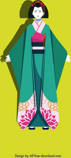 gadis kimono ikon berwarna karakter kartun