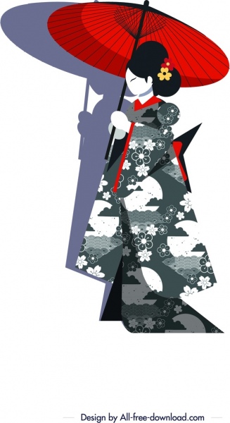 boceto de personaje de dibujos animados de kimono girl icono paraguas decoración