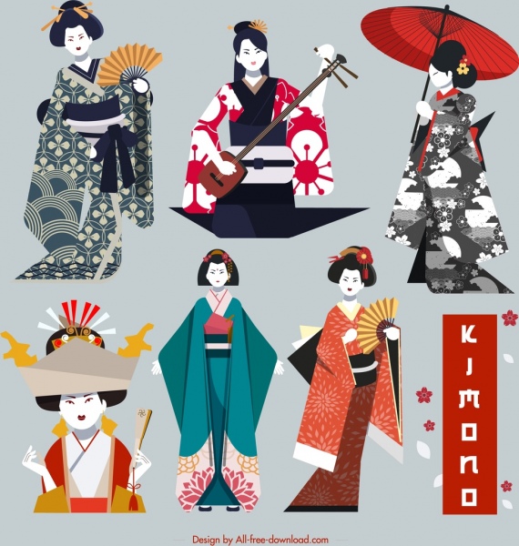 ícones de menina de quimono colorido design clássico