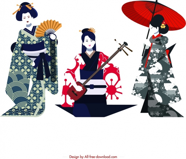 ícones de garota de quimono coloridos personagens de desenhos animados de design retrô
