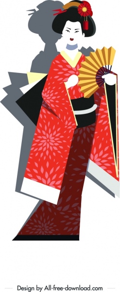 kimono cô gái sơn đầy màu sắc cổ điển thiết kế nhân vật hoạt hình