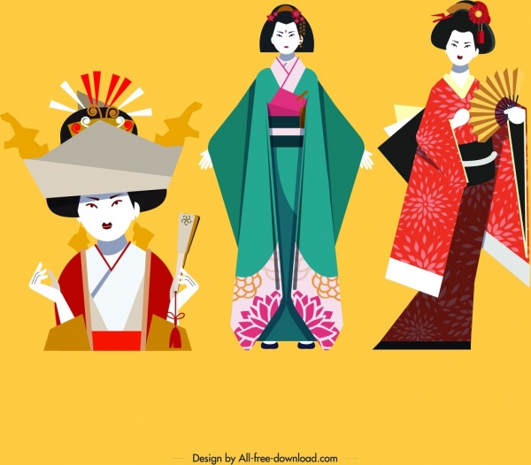 Kimono Mädchen Symbole bunt klassisches Design Comic-Figuren