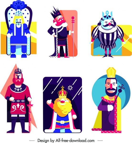 König Symbole Sammlung farbiger Cartoon Charakterskizze