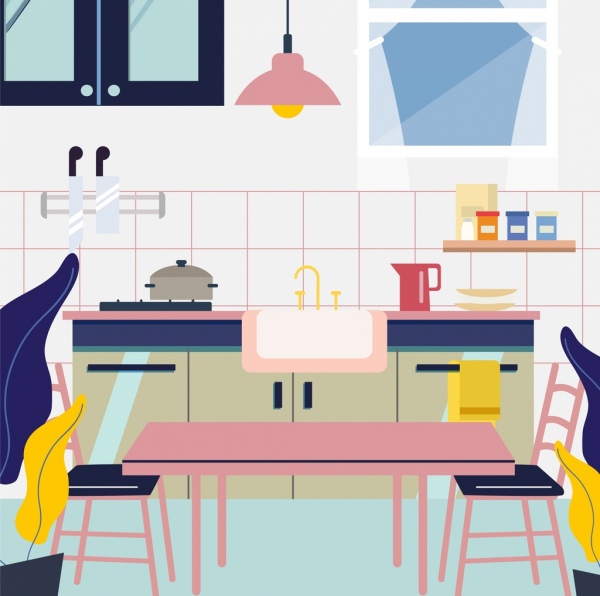latar belakang mebel peralatan ikon warna-warni desain dapur