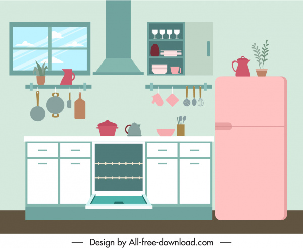 template dekorasi dapur sketsa datar kontemporer yang elegan