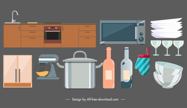 elementos de design de cozinha esboço objetos planos