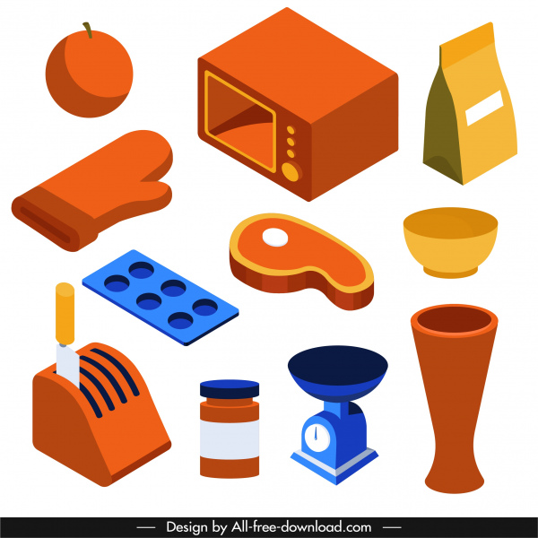 éléments de conception de cuisine objets croquis colorés 3d