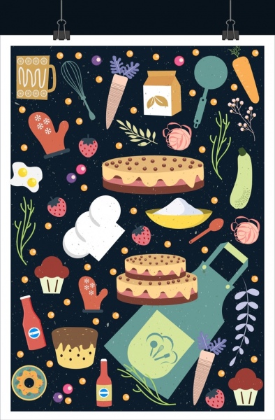 Elementos de diseño diferentes utensilios de cocina multicolor iconos de alimentos