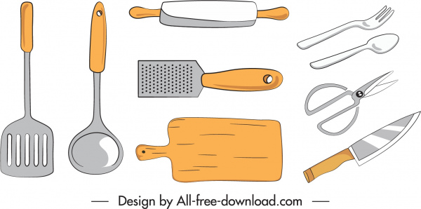 elementos de cozinha ícones desenhados à mão esboço