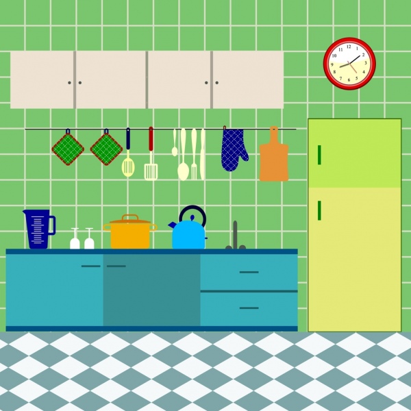 أثاث المطبخ مخطط تصميم الملونة تصميم مسطح