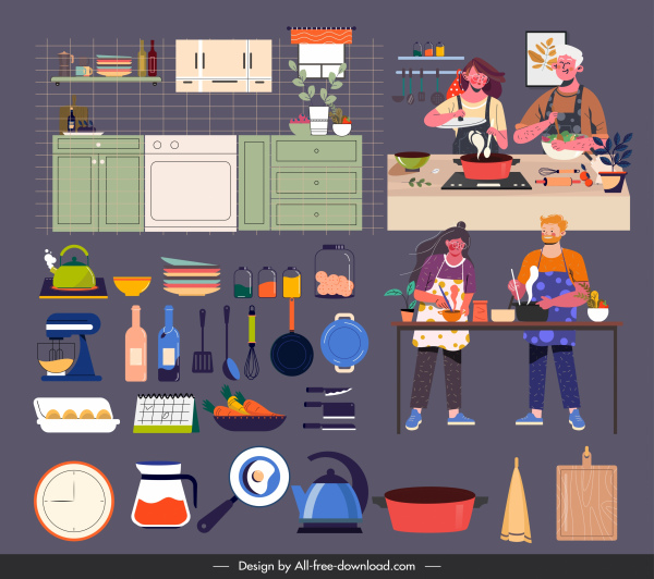 Küche Symbole bunte Objekte kocht Skizze