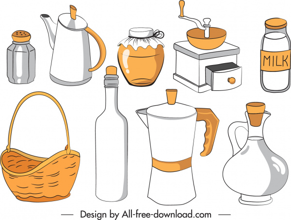 ikony obiektów kuchennych klasyczny ręcznie rysowany zarys