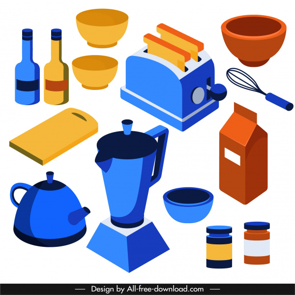Küchenobjekte Icons farbige klassische Werkzeuge Skizze