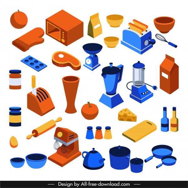 objetos de cocina iconos coloreados clásico 3d boceto