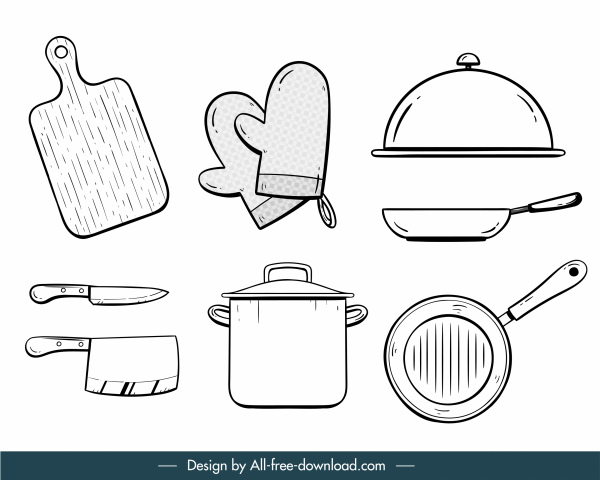 utensili da cucina icone nero bianco disegnato schizzo piatto