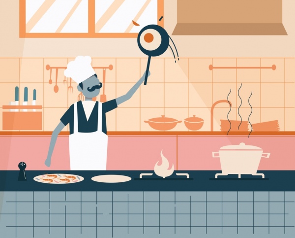 Kuchnia pracy tła kucharz naczynie ikony kreskówka szkicu