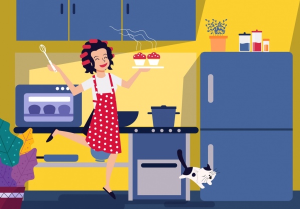 cozinha trabalho fundo a dona de casa feliz ícone dos desenhos animados do design