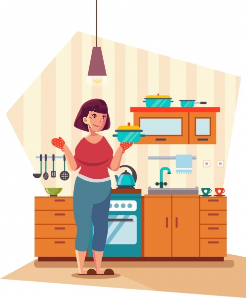 台所仕事背景女性家具アイコン漫画のデザイン