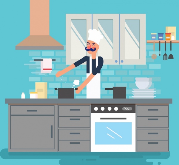 dapur pekerjaan gambar masak peralatan ikon kartun berwarna