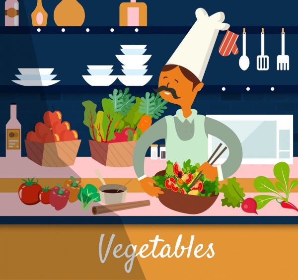 Praca w kuchni rysunek kucharz składnika warzywo ikony