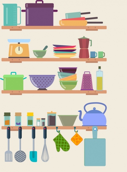 iconos de objetos multicolores de elementos de diseño de utensilios de cocina