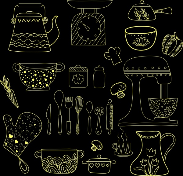 Кухонные принадлежности иконы черный желтый handdrawn эскиз