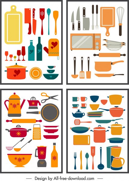peralatan dapur latar belakang template warna-warni objek datar sketsa