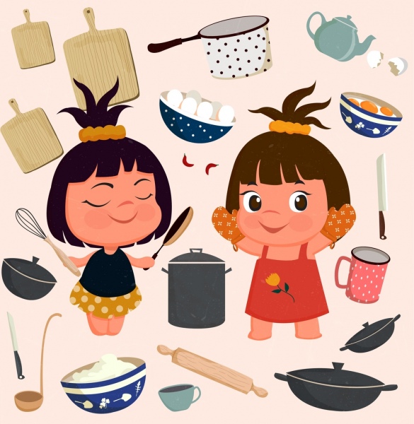 المطبخ مجموعة ايقونات الفتيات لطيف أدوات زينة