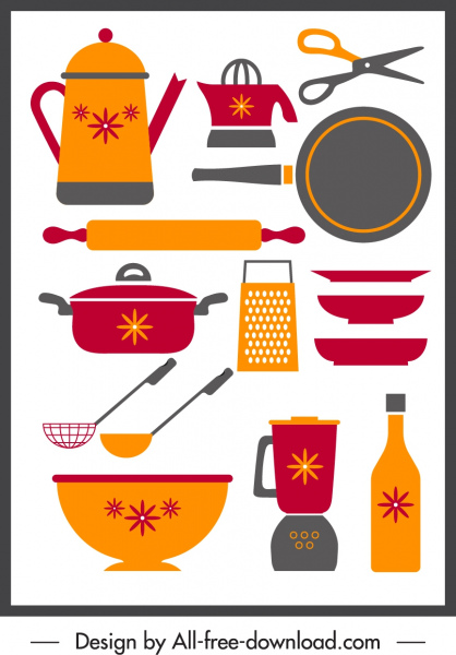 iconos de utensilios de cocina coloreado boceto plano clásico