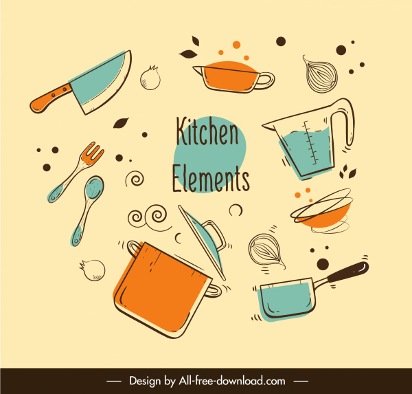 ícones de utensílios de cozinha coloridos flat desenhados à mão esboço dinâmico