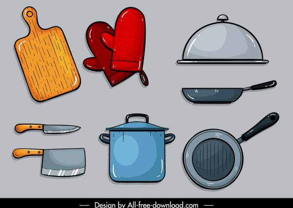 Küchenwaren Icons farbige flache Skizze