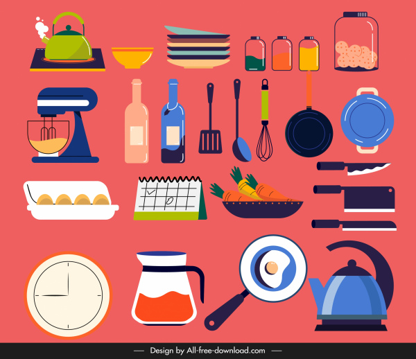 أيقونات أدوات المطبخ رسم الكلاسيكية الملونة