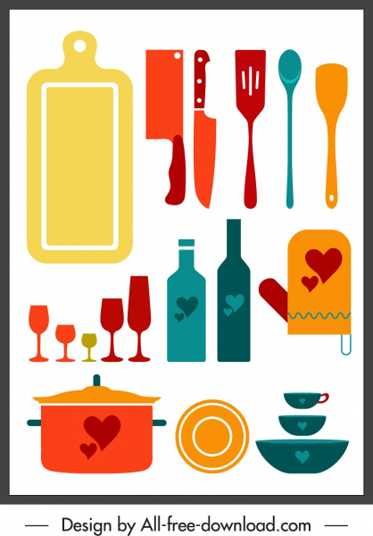Küchenwaren Icons bunte flache klassische Skizze