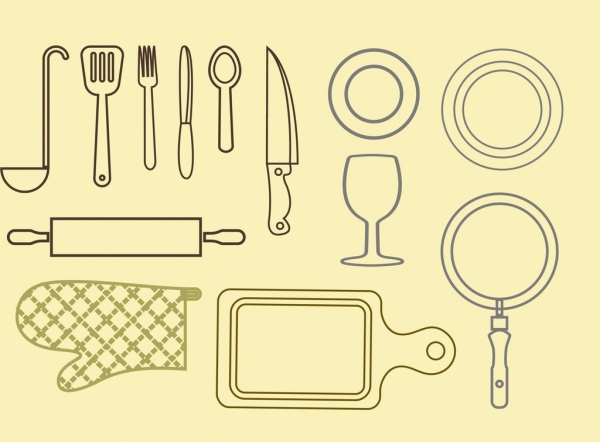 Kitchenwares Symbole beschreiben verschiedene flache Bauform