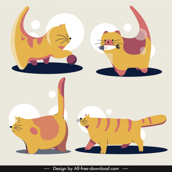 kitties icônes mignon design classique jaune dessiné à la main croquis