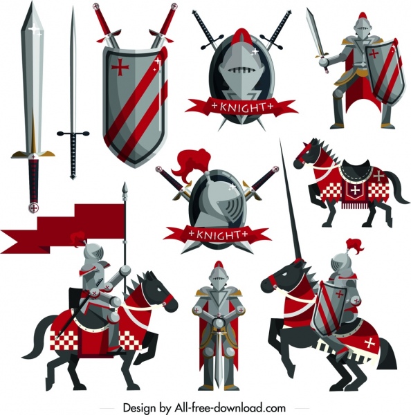 knight elementos de diseño de espada escudo de caballo iconos de armadura