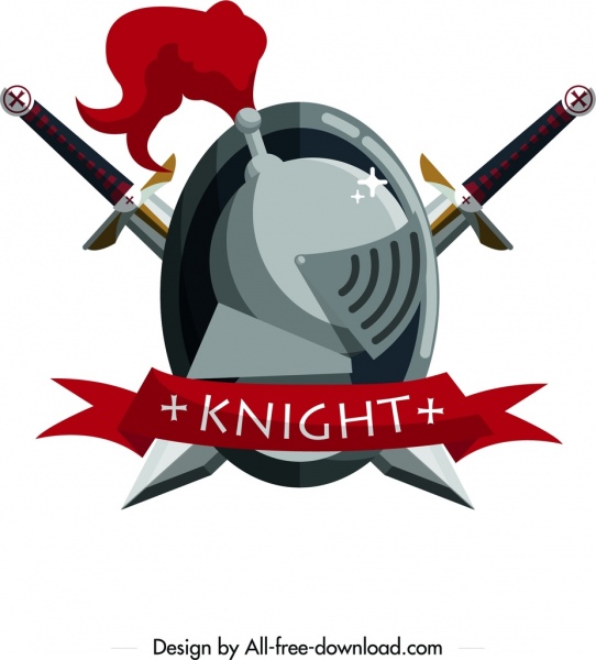Knight logotype pedang armor ribbon ikon simetris desain