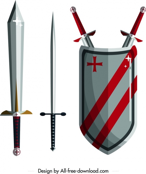 Alat ksatria elemen desain ikon perisai pedang