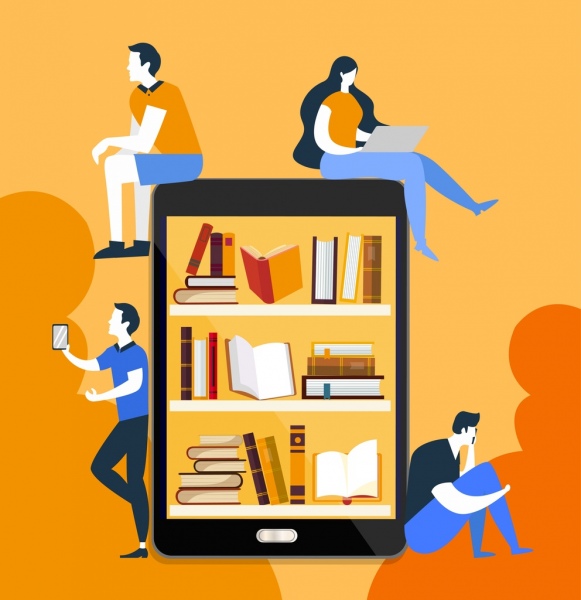Wissen Hintergrund Menschen Smartphone Bücherregal Symbole Dekor