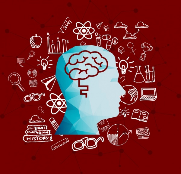 Wissen Konzept Hintergrund Kopf Gehirn Symbole handgezeichneten Skizze