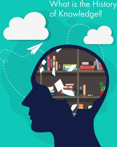 Konsep Pengetahuan Banner Kepala Siluet Otak Rak Buku Ikon