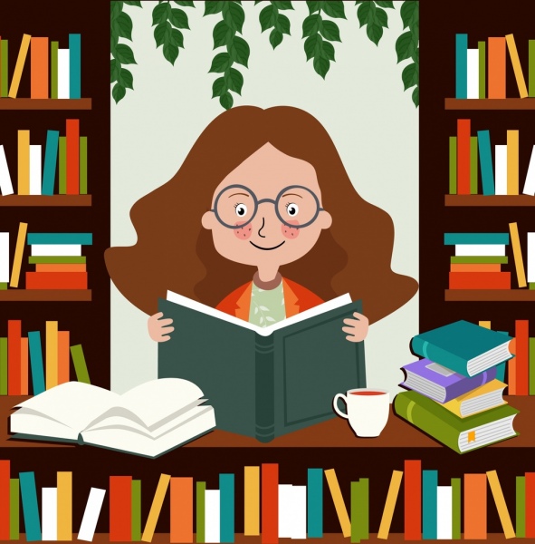 Knowledge Conceptual Drawing Girl Reading Book Colored Cartoon-vector  Cartoon-free Vector Free Download
