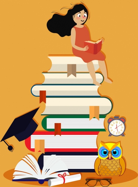 desenho conceitual de conhecimento lendo garota ícones de pilha enorme de livros