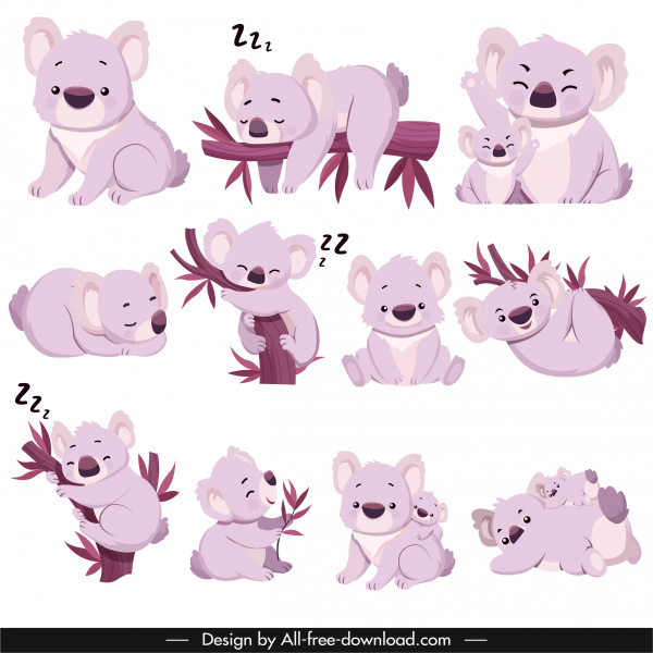 ícones da espécie coala gestos bonitos esboço personagens de desenho animado